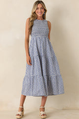 Picnic Promises Blue Gingham Eyelet Cotton Midi Dress