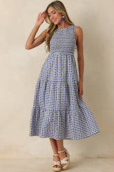 Picnic Promises Blue Gingham Eyelet Cotton Midi Dress