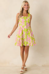 Here She Comes Chartreuse & Pink Cotton Floral Eyelet Mini Dress