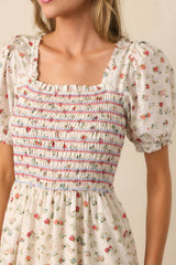 Floating Gardens Cotton Ivory Floral Puff Sleeve Maxi Dress