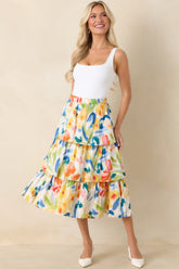 Prosperina Chantilly Multi Cotton Abstract Floral Print Tiered Midi Skirt