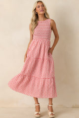 Picnic Promises Red Gingham Eyelet Cotton Midi Dress