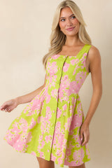 Here She Comes Chartreuse & Pink Cotton Floral Eyelet Mini Dress