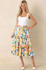 Prosperina Chantilly Multi Cotton Abstract Floral Print Tiered Midi Skirt