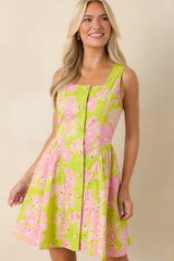 Here She Comes Chartreuse & Pink Cotton Floral Eyelet Mini Dress