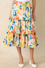 Prosperina Chantilly Multi Cotton Abstract Floral Print Tiered Midi Skirt