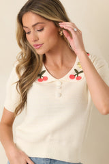 La Dolce Vita Ivory Embroidered Fruit Collar Sweater