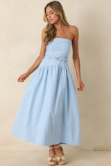MINKPINK Ines Baby Blue Drop Waist Belt Detail Midi Dress