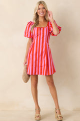 Stripe It Lucky Red & Pink Cotton Puff Sleeve Mini Dress