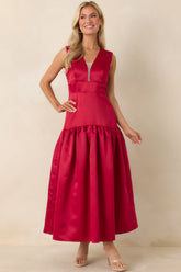 Never Out Of Reach Wine Red Satin Sleeveless Drop Waist Maxi Dress
