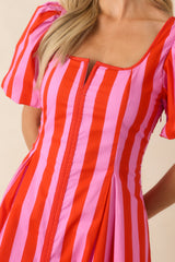 Stripe It Lucky Red & Pink Cotton Puff Sleeve Mini Dress