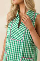 Summer Side Dish Green Gingham Cotton Mini Shift Dress