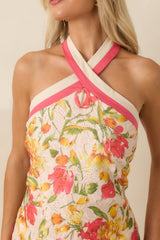 Just Like Paradise Ivory & Coral Pink Floral Lace Halter Mini Dress