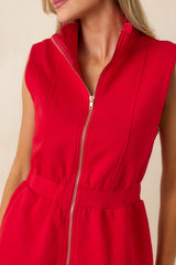 Zip Through the Day Red Zip Front Scalloped Hem Mini Dress