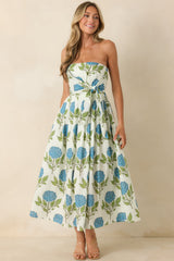 Sunday in Savannah Ivory & Blue Floral Cotton Strapless Midi Dress