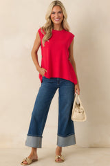 Living for the Flair Red Knit Gold Detail Draped Sleeveless Top