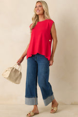 Living for the Flair Red Knit Gold Detail Draped Sleeveless Top