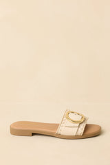 New Adventures Beige Faux Leather Buckle Strap Slide Sandals