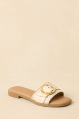 New Adventures Beige Faux Leather Buckle Strap Slide Sandals