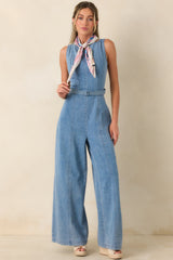 Smooth Operator Light Wash Cotton Denim Sleeveless Jumpsuit