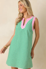 Cherry Cola Charm Green Gingham Cotton Mini Dress