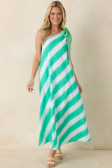 Mint Condition Aqua Blue & Mint Stripe One Shoulder Maxi Dress