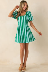 Stripe It Lucky Green & Mint Cotton Puff Sleeve Mini Dress