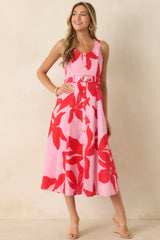 The Poetry of You Pink & Red Floral Embroidered Eyelet Cotton Midi Dress