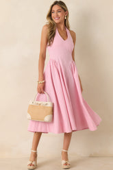 ASTR The Label Meana Pink Cotton Gingham Halter Midi Dress