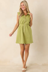 Zip Through the Day Chartreuse Zip Front Scalloped Hem Mini Dress