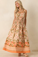 Slow Summer Peach & Green Floral Cotton Maxi Dress