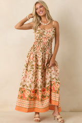 Slow Summer Peach & Green Floral Cotton Maxi Dress