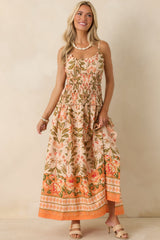 Slow Summer Peach & Green Floral Cotton Maxi Dress