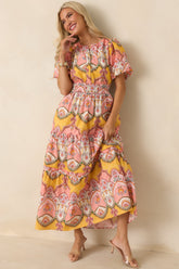 Love You More Pink & Marigold Scarf Print Cotton Midi Dress