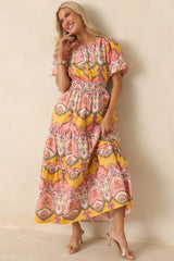 Love You More Pink & Marigold Scarf Print Cotton Midi Dress