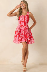 Here She Comes Red & Pink Cotton Floral Eyelet Mini Dress
