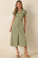 Easy Authority Sage Green Button Front Utility Midi Dress