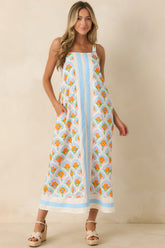 Orange Blossom Skies Blue Multi Floral Cotton Contrast Maxi Dress