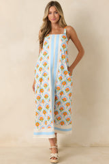 Orange Blossom Skies Blue Multi Floral Cotton Contrast Maxi Dress
