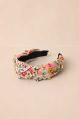 True To Yourself Beige Floral Embroidered Knot Headband
