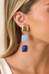 Catch the Sunset Blue & Gold Tiered Square Drop Earrings