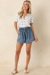 Casual Authority Navy Stripe Knit Button Front Short Sleeve Top