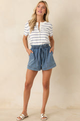 First Things First Medium Wash Cotton Drawstring Denim Shorts