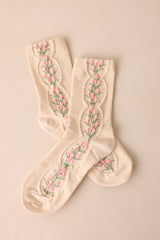 Roseate Pendant Beige Floral Crew Socks