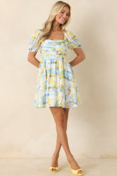Limoncello Daydream Blue & Yellow Scenic Citrus Print Mini Dress