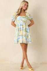 Limoncello Daydream Blue & Yellow Scenic Citrus Print Mini Dress