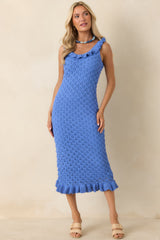 MINKPINK Arlo Cobalt Blue Pointelle Ruffle Midi Dress