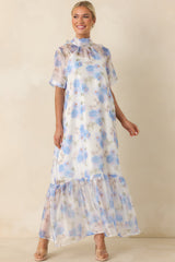 Watercolor Wishes Blue Multi Floral Tiered Maxi Dress