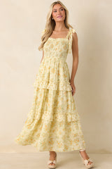 Afternoon Like This Butter Yellow Floral Ruffle Tiered Cotton Midi Dress