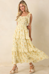 Afternoon Like This Butter Yellow Floral Ruffle Tiered Cotton Midi Dress